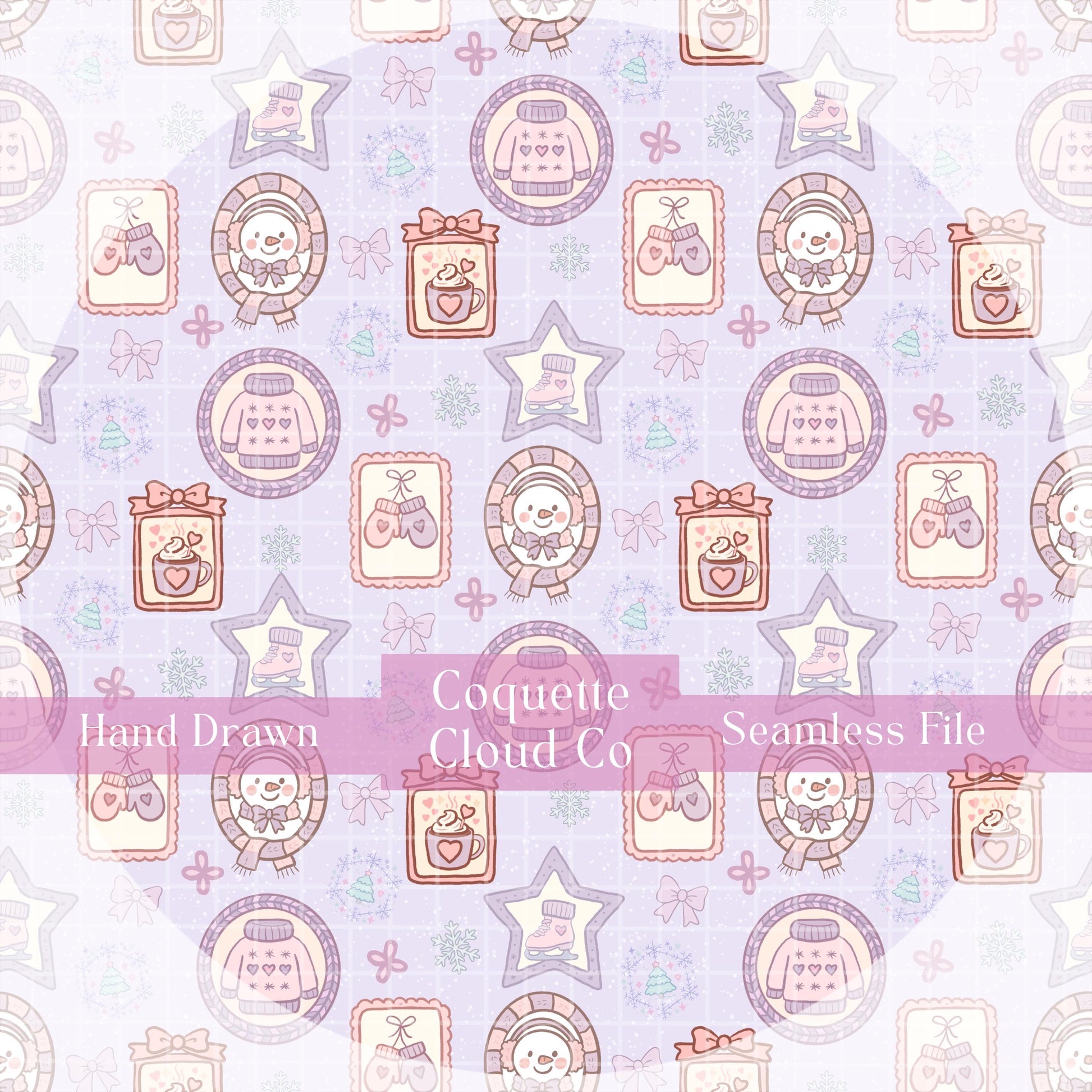 Winter Picture Frames Seamless Pattern, Hand-Drawn Snowflakes, Cute Snowmen, Ice Skates, Digital PNG Design