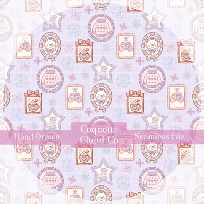 Winter Picture Frames Seamless Pattern, Hand-Drawn Snowflakes, Cute Snowmen, Ice Skates, Digital PNG Design