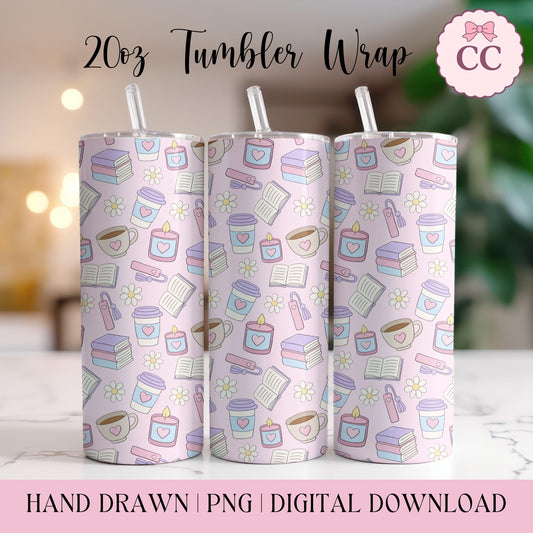 Three stainless steel tumblers wrapped in a hand-drawn books and coffee pattern featuring mugs, books, and pastel icons on a light background.