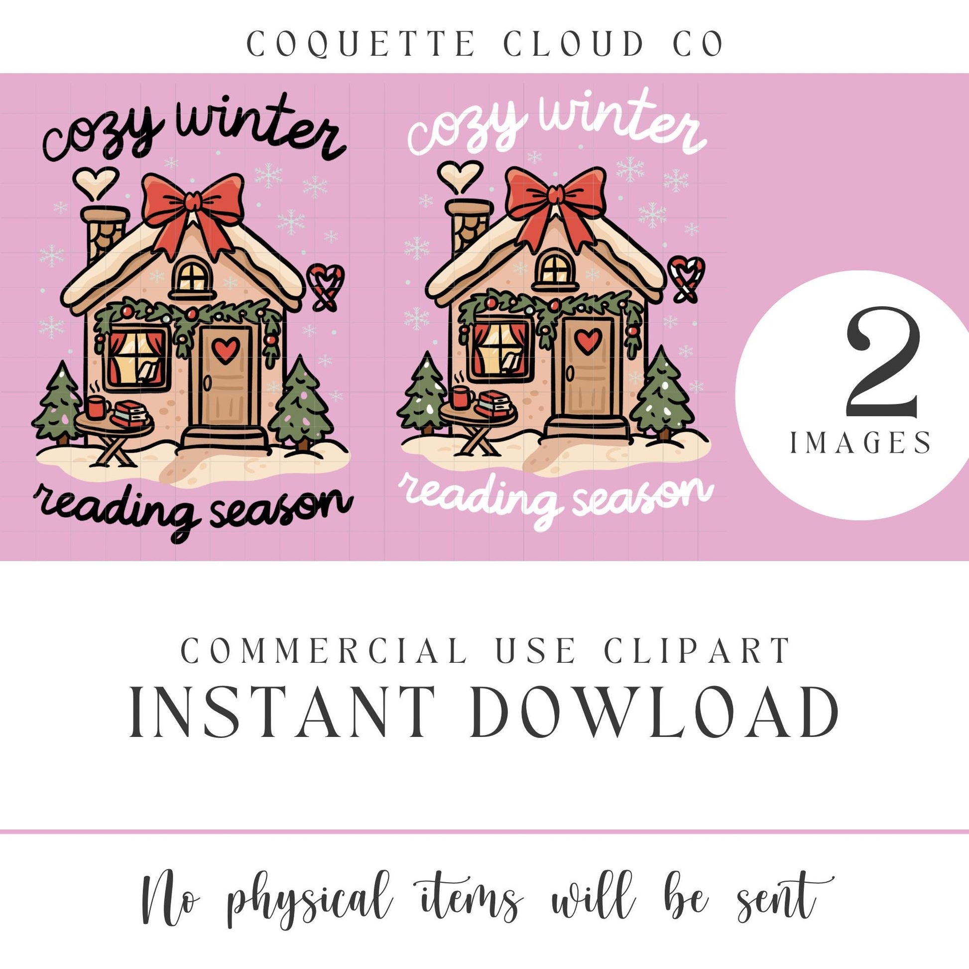 Preview of two cozy winter reading season gingerbread cottage PNG clipart graphics with instant download notice