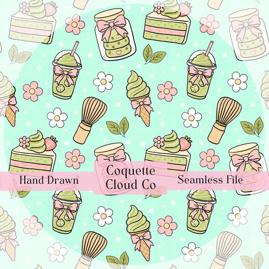 Matcha Seamless Pattern, Kawaii Matcha Lover Digital Paper, Cute Green Tea Design for Crafts and Decor