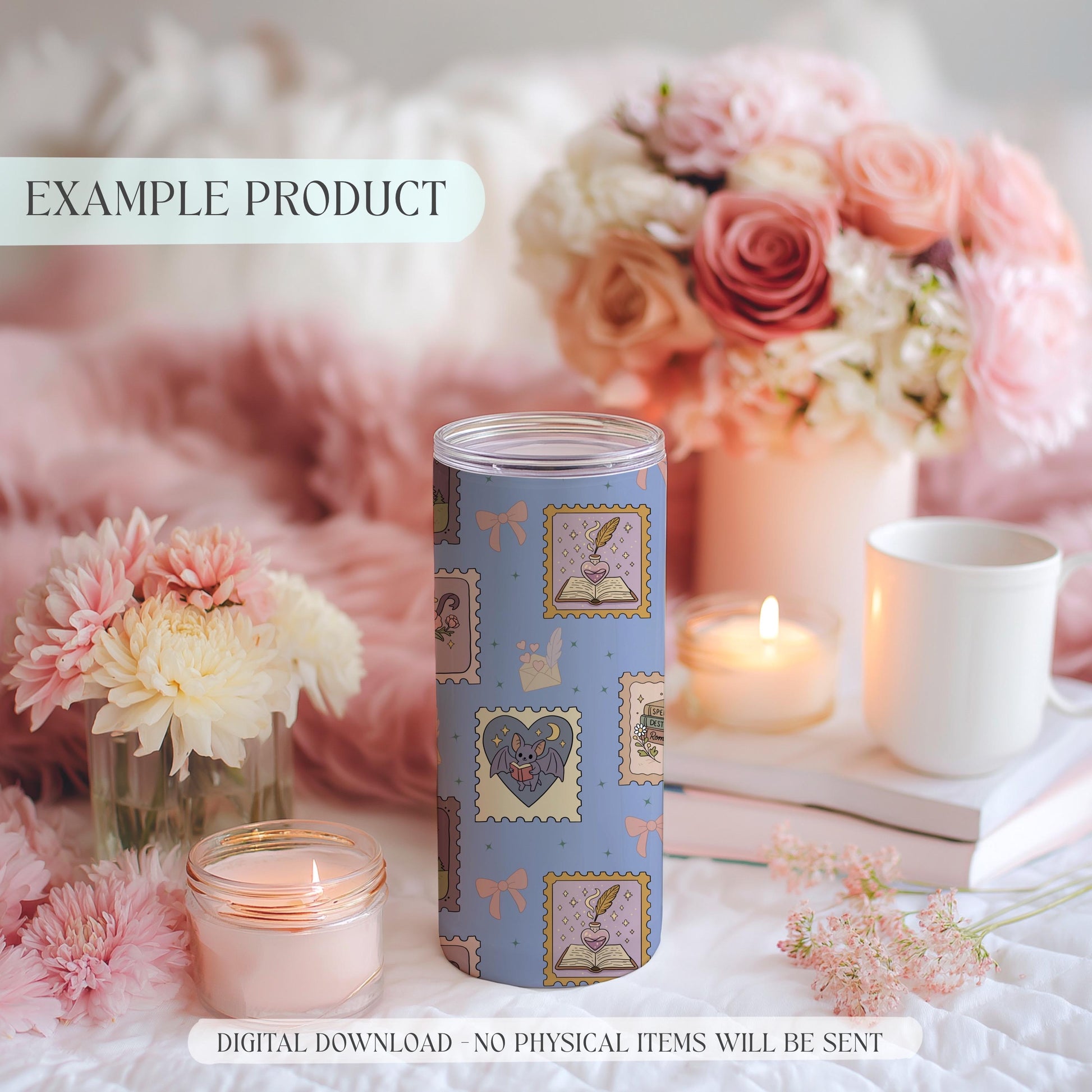 Pattern mockup on tumbler — bookish fabric swatch