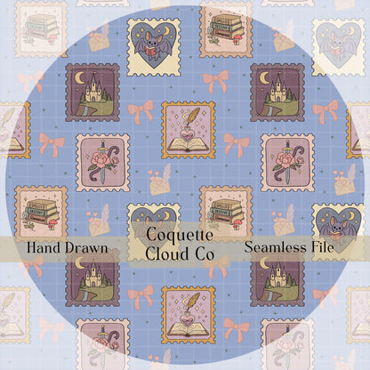 Book Lovers seamless pattern tile — hand-drawn romantasy book stamps on blue background