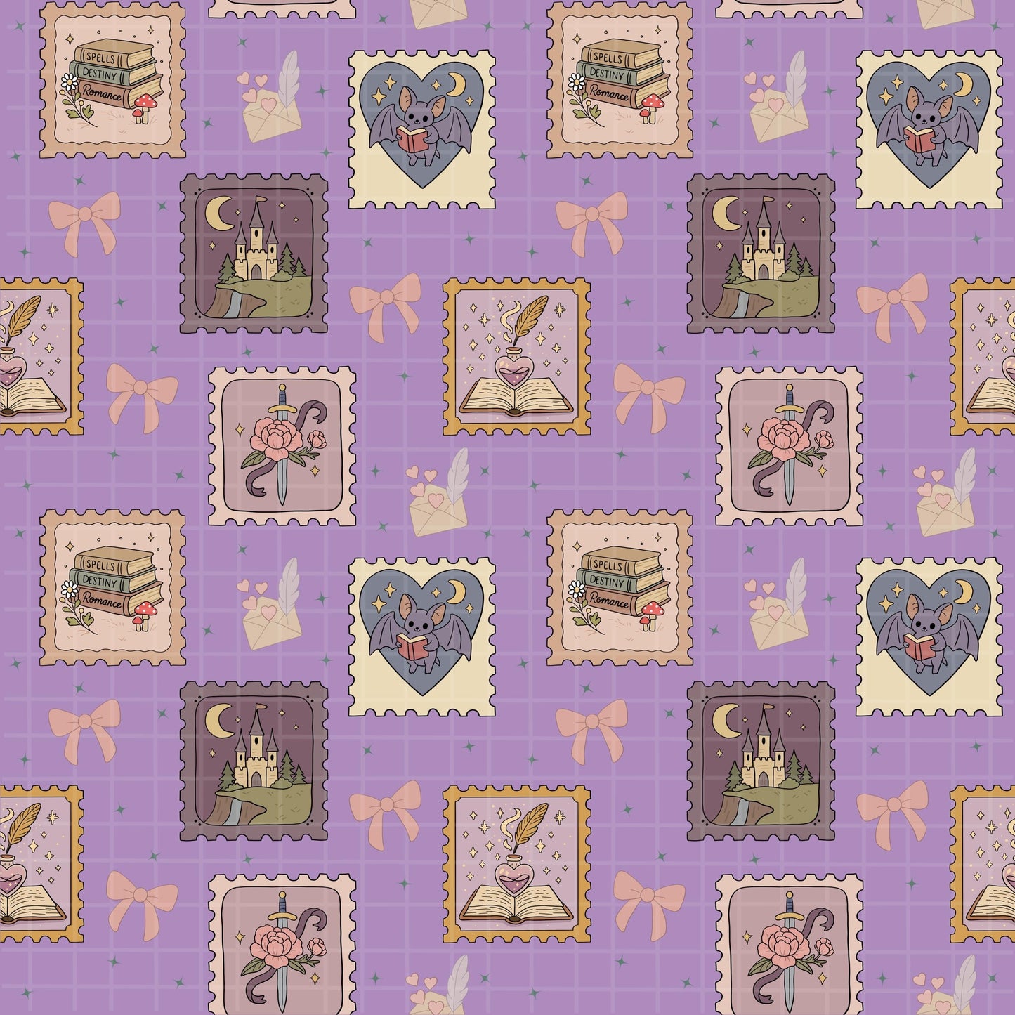 Full repeating romantasy patchwork pattern featuring illustrated books, enchanted daggers, hearts, scrolls, and mystical motifs.