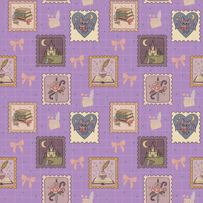 Full repeating romantasy patchwork pattern featuring illustrated books, enchanted daggers, hearts, scrolls, and mystical motifs.