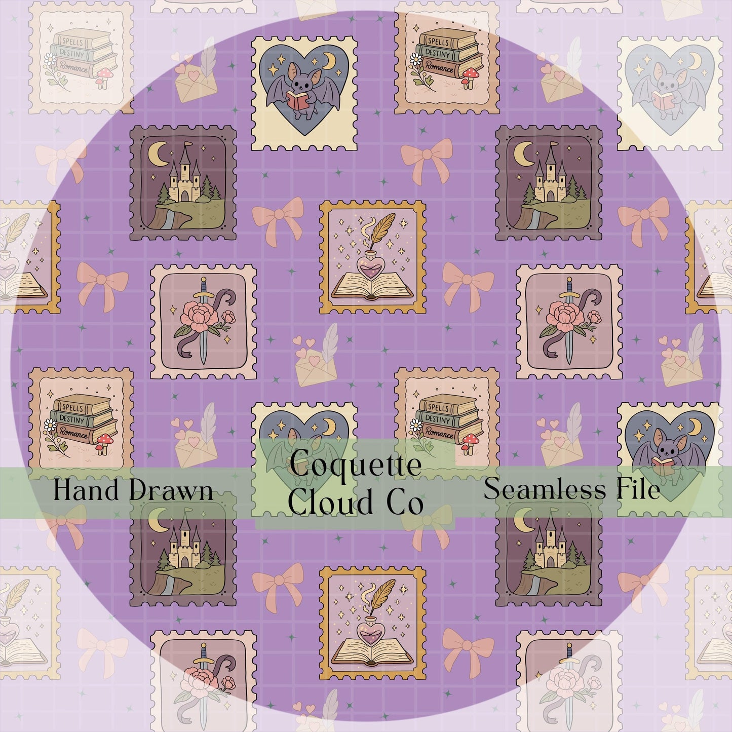 Hand-drawn romantasy-themed seamless pattern featuring purple patchwork squares with books, daggers, hearts, magical symbols, weapons, and fantasy elements
