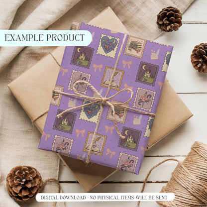 Gift-wrapped boxes featuring the purple romantasy patchwork seamless pattern with fantasy book-themed illustrations.