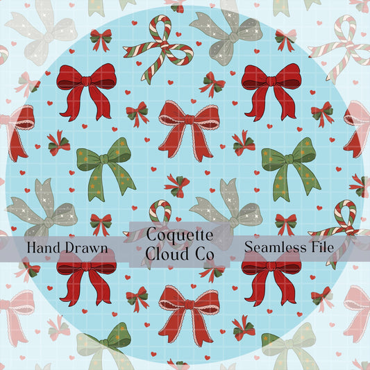 Christmas bows hearts seamless pattern on light blue grid — 12x12 PNG