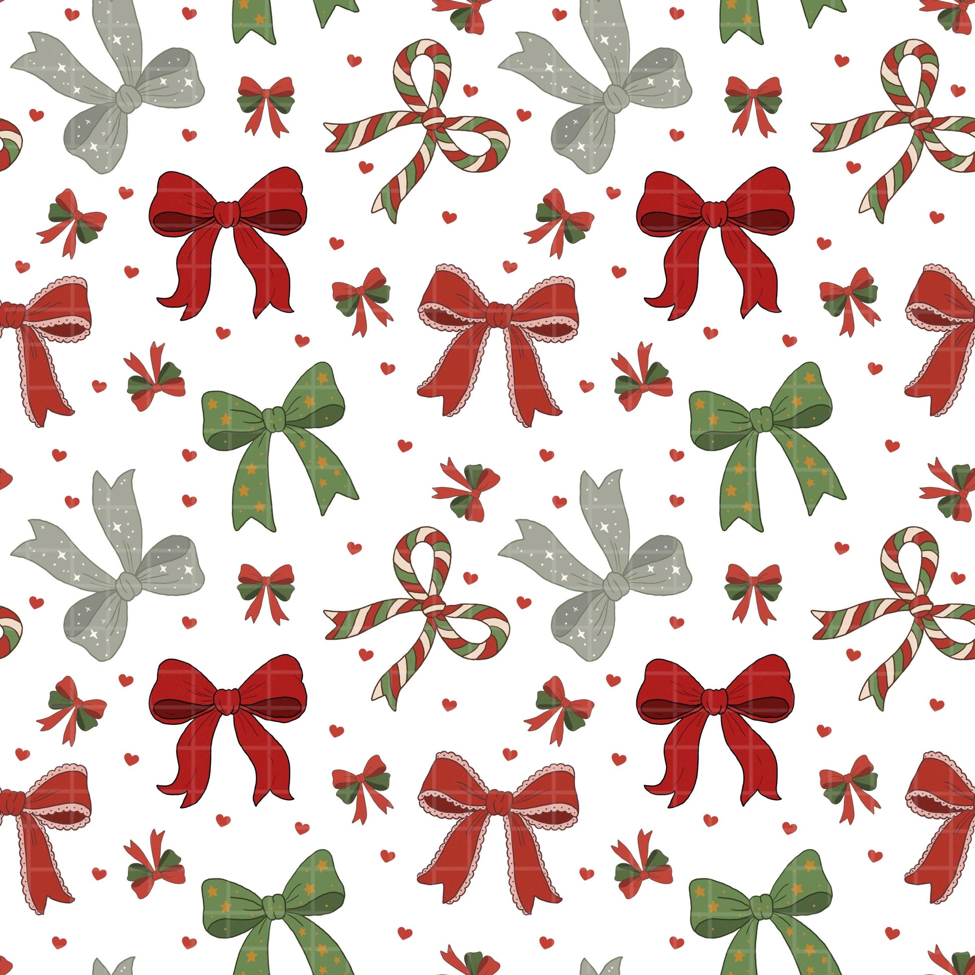 Christmas bows and tiny hearts seamless repeat - full tile view