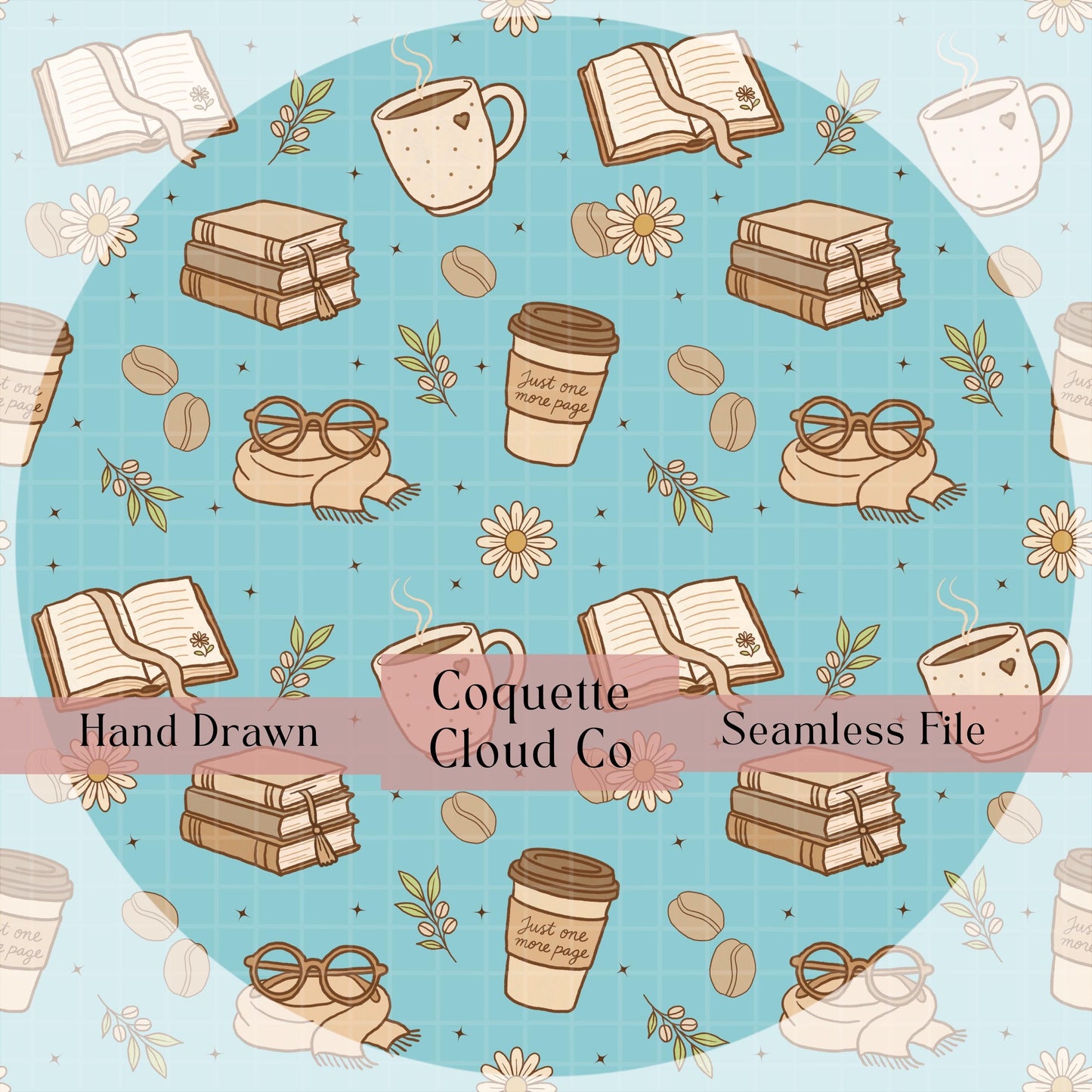 Blue seamless digital pattern with books, coffee cups, pastries, bows, and glasses in a cute coquette cottagecore style.
