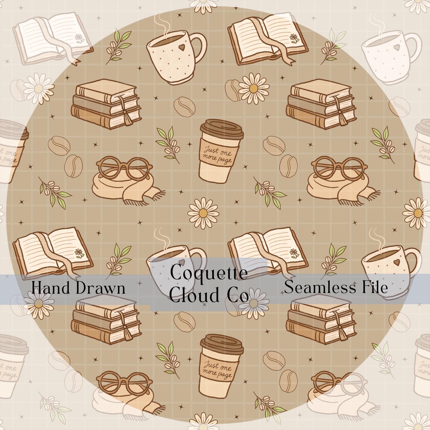 Beige seamless digital pattern featuring hand-drawn books, coffee cups, ribbons, and cookies labeled as Coquette Cloud Co hand-drawn design.