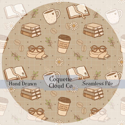 Beige seamless digital pattern featuring hand-drawn books, coffee cups, ribbons, and cookies labeled as Coquette Cloud Co hand-drawn design.