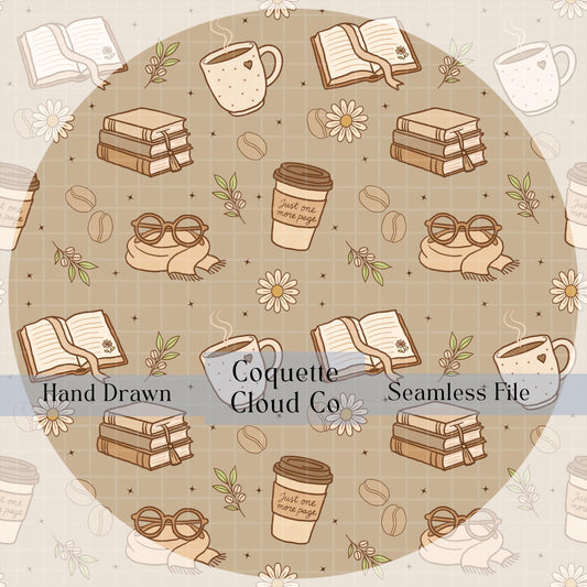Beige seamless digital pattern featuring hand-drawn books, coffee cups, ribbons, and cookies labeled as Coquette Cloud Co hand-drawn design.