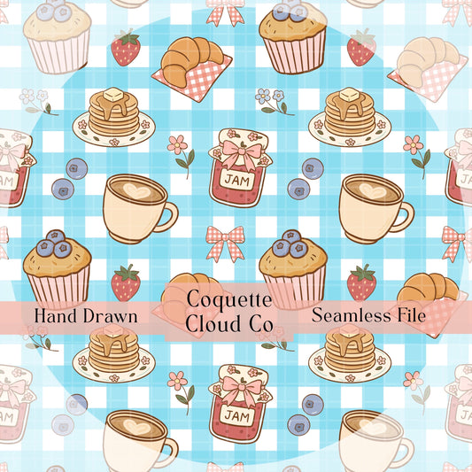 Blue seamless digital pattern featuring coffee cups, cupcakes, croissants, jam jars, and sugar cubes in a hand-drawn style.