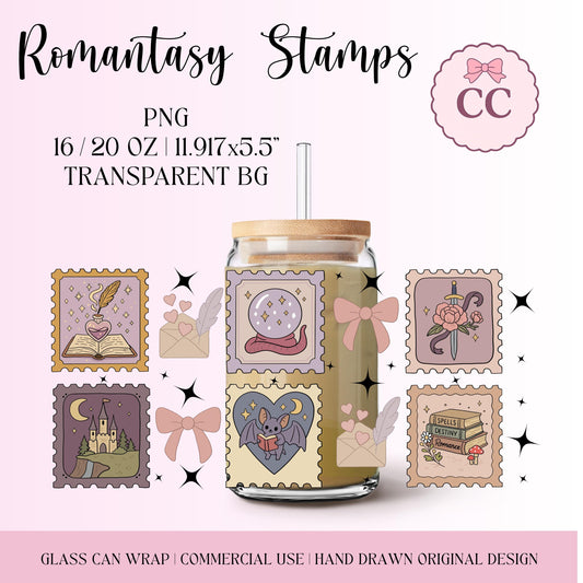 Romantasy Stamps glass can wrap featuring hand-drawn fantasy postage stamp illustrations in pink, purple, and gold tones. Includes hearts, wings, bows, quills, and whimsical motifs on a soft pink display.