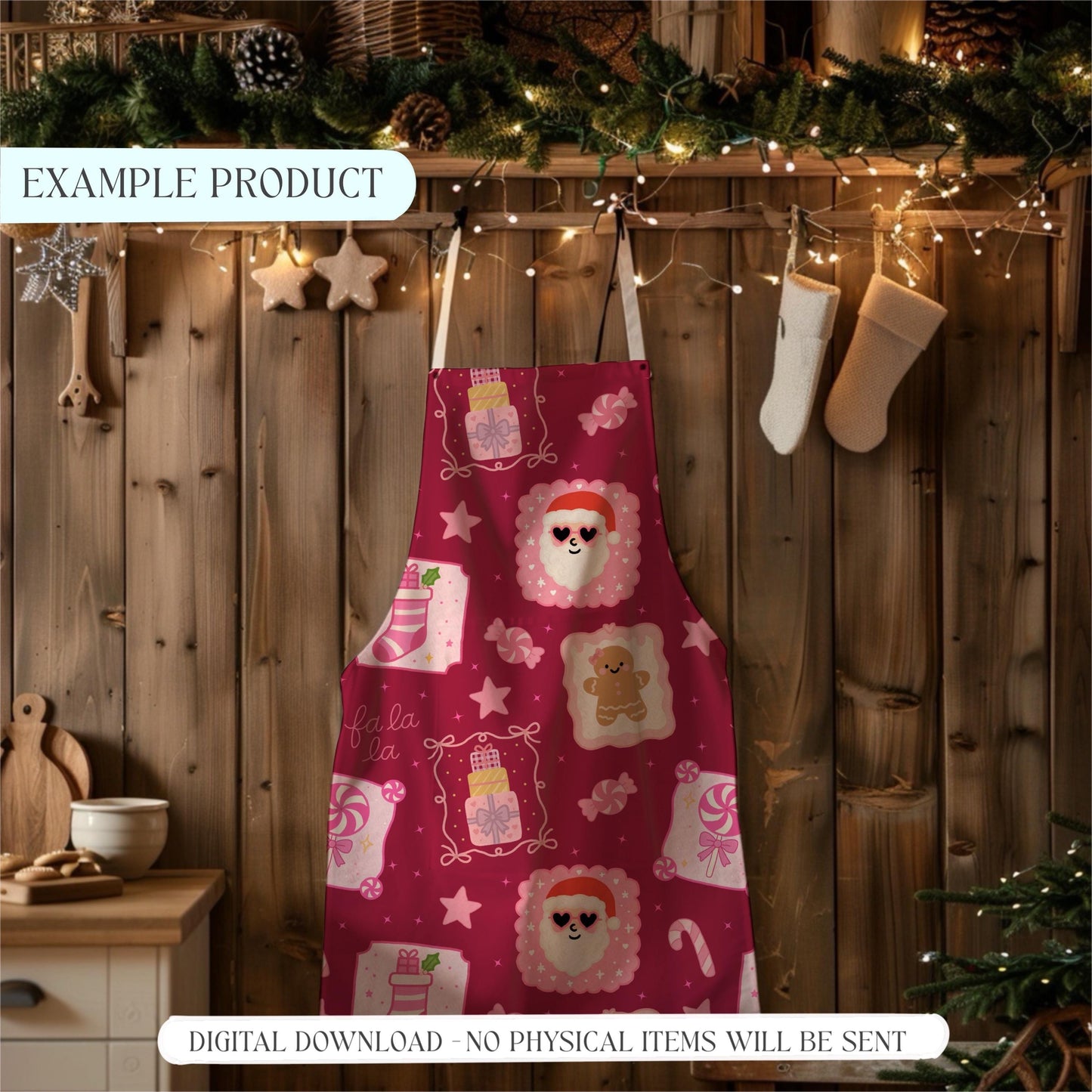 Apron mockup printed with Santa and gingerbread seamless pattern hanging in rustic holiday home setting with stockings.