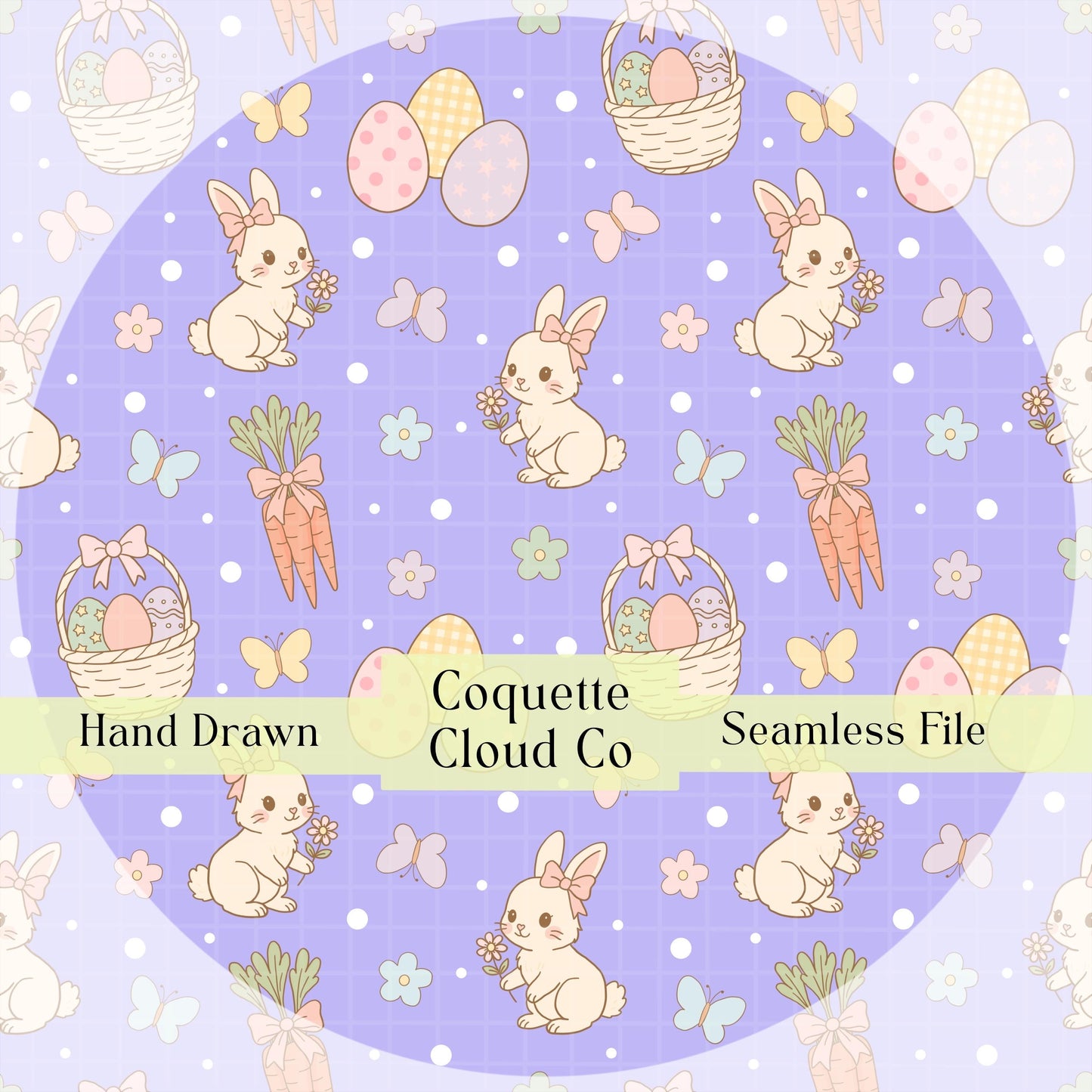 Pastel Easter seamless pattern featuring hand-drawn bunnies, carrots, eggs, and flowers on a purple background.
