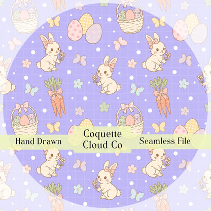 Pastel Easter seamless pattern featuring hand-drawn bunnies, carrots, eggs, and flowers on a purple background.