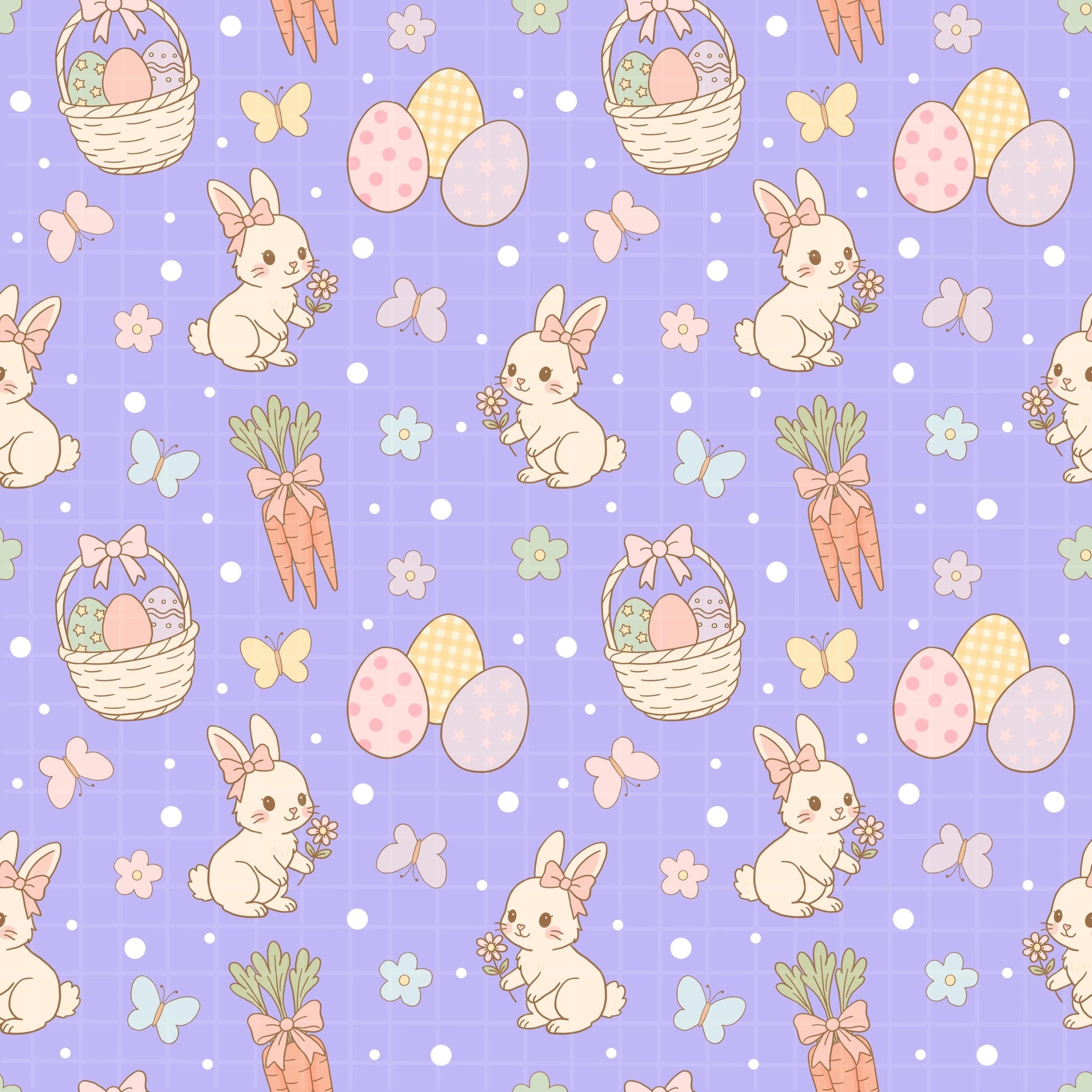 Zoomed-in view of an Easter seamless pattern with cute bunnies, decorated eggs, carrots, and butterflies in soft pastel colors.