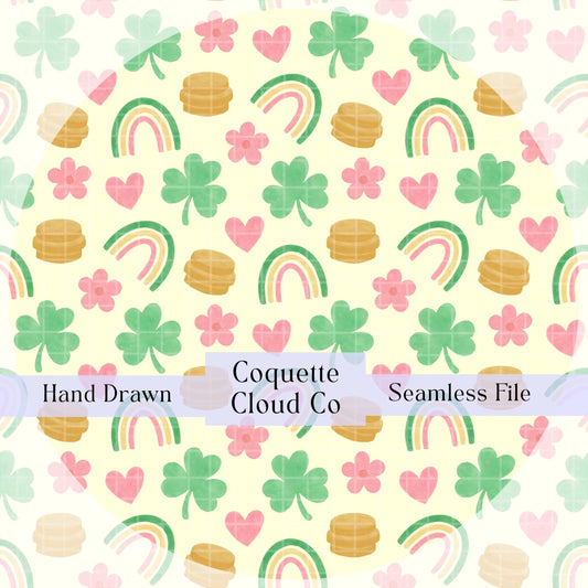 Seamless St. Patrick’s Day pattern featuring hand-drawn four-leaf clovers, rainbows, hearts, and golden coins in soft green, pink, and gold tones on a light background.