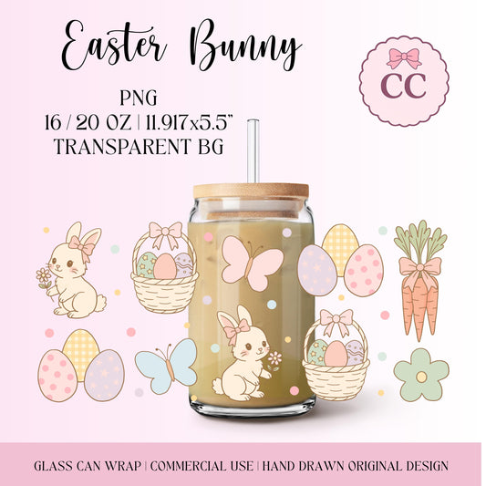 Easter Bunny Glass Can Wrap 16oz 20oz, Cute Easter Decor, Spring Party Favor, Handmade Gift Wrap Sublimation Ideas