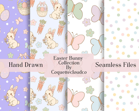Four pastel Easter themed seamless patterns featuring hand drawn bunnies, eggs, hearts, and polka dots displayed in a digital mockup.