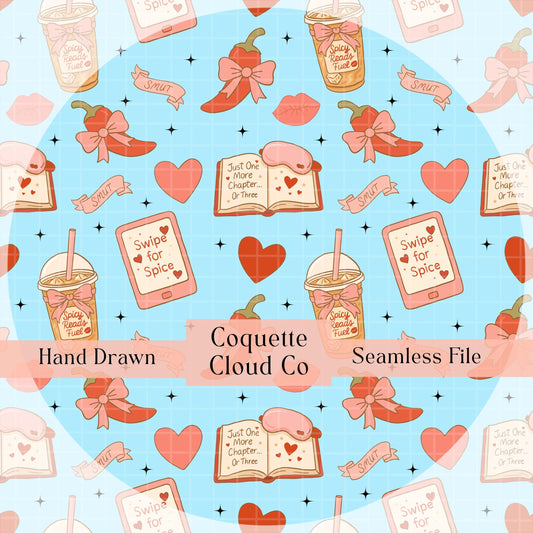 Blue seamless pattern featuring smut-themed icons including romance books, e-readers, spicy quote ribbons, drinks, red chillies, hearts, and bows.