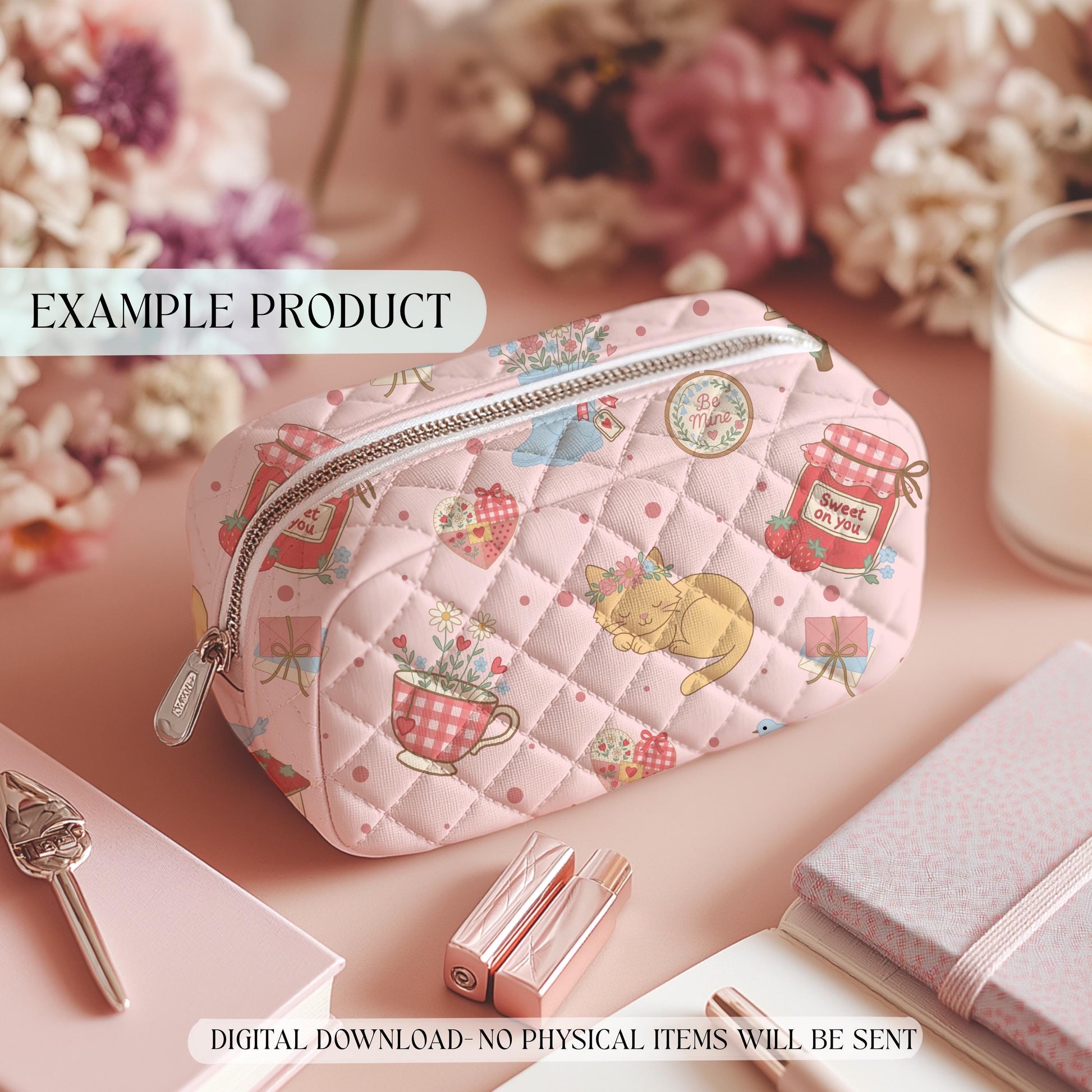 Valentine’s Day cottage chic seamless pattern mockup on toiletry bag