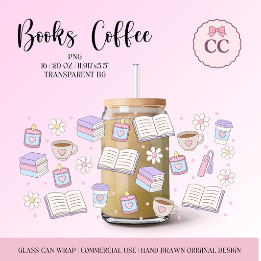 books and coffee glass can wrap, PNG, hand drawn original design. sized for 16oz and 20oz cans. transparent background