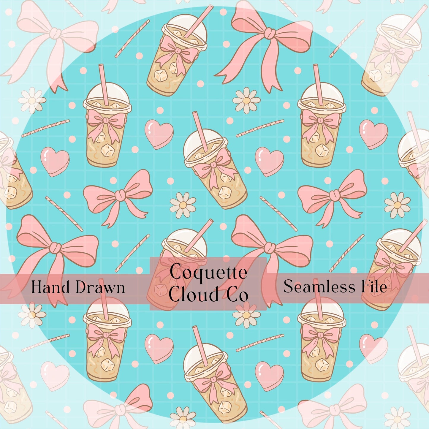 Valentines Pattern Iced Latte Bows Digital Seamless Fabric Design for Sublimation Projects