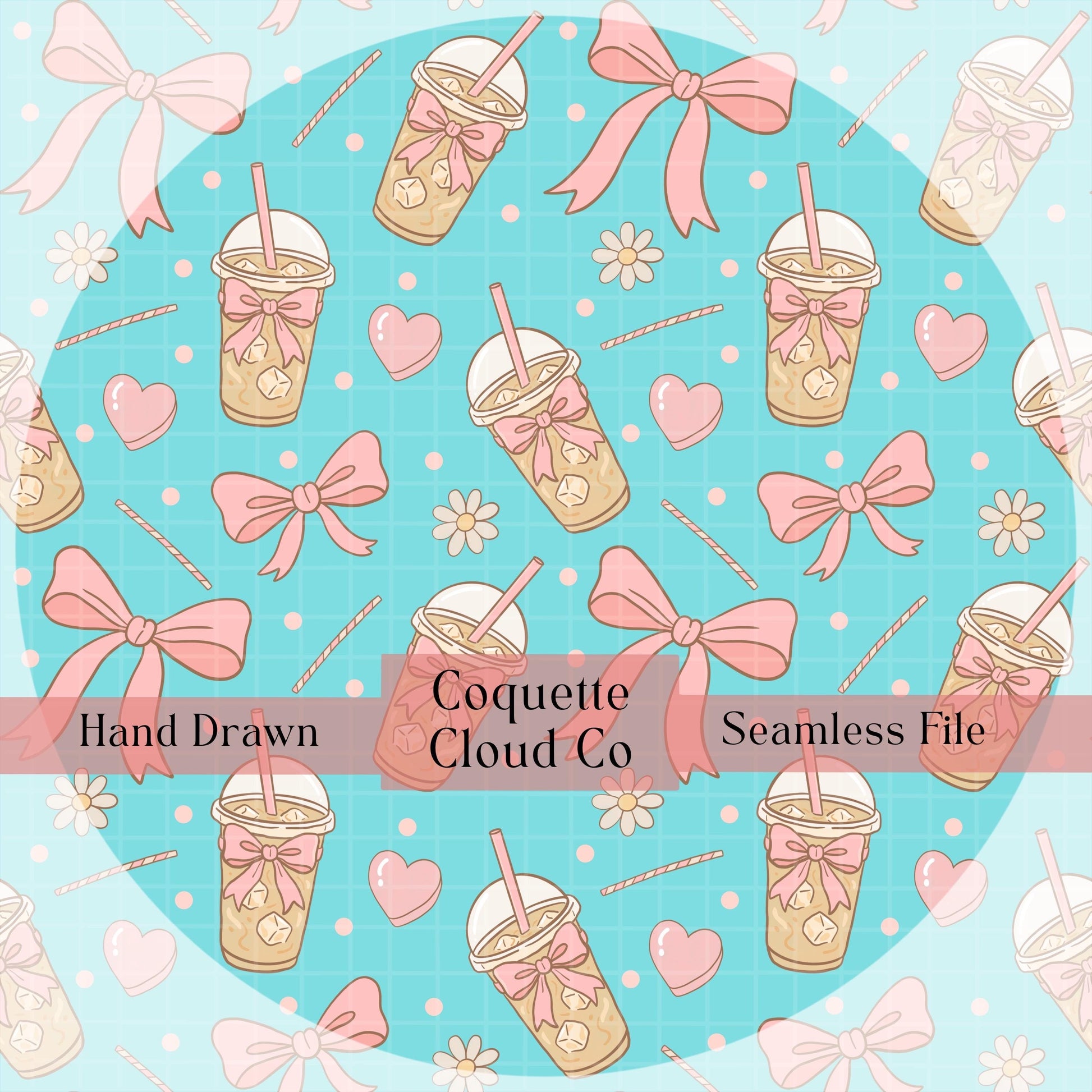 Valentines Pattern Iced Latte Bows Digital Seamless Fabric Design for Sublimation Projects