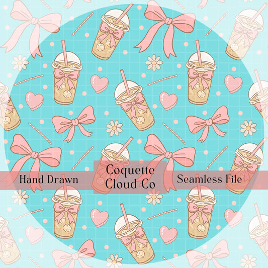 Valentines Pattern Iced Latte Bows Digital Seamless Fabric Design for Sublimation Projects