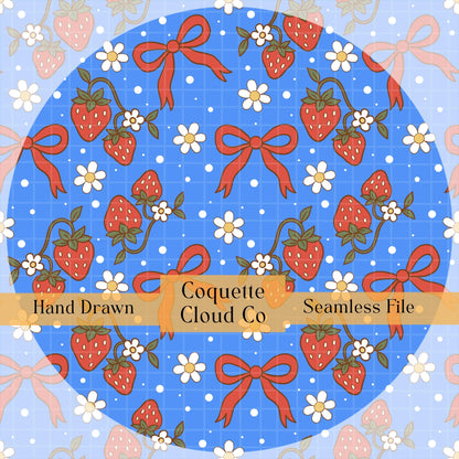 Blue seamless pattern with hand-drawn strawberries, red bows, and white flowers on a grid background. Text overlay reads: Hand Drawn • Coquette Cloud Co • Seamless File.