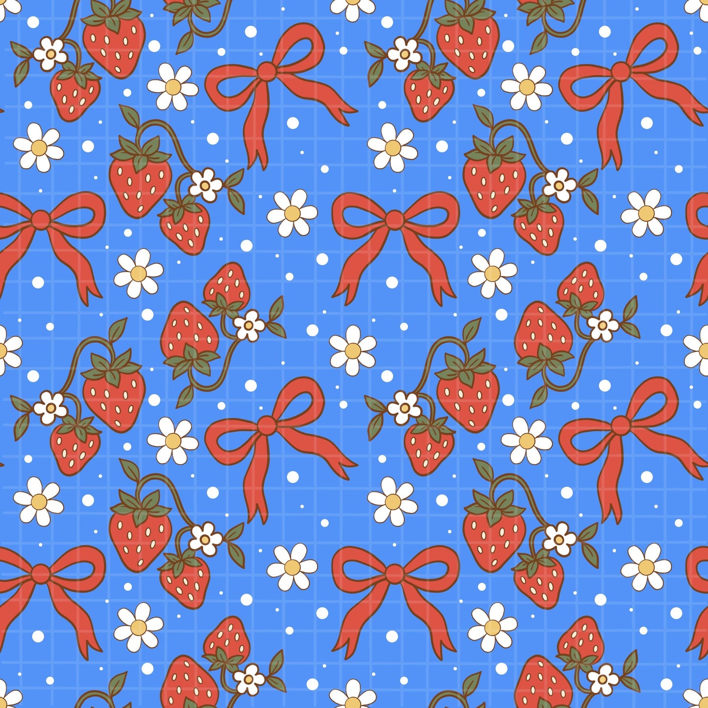 Zoomed-in view of the repeating blue strawberry, bow, and white flower seamless pattern.
