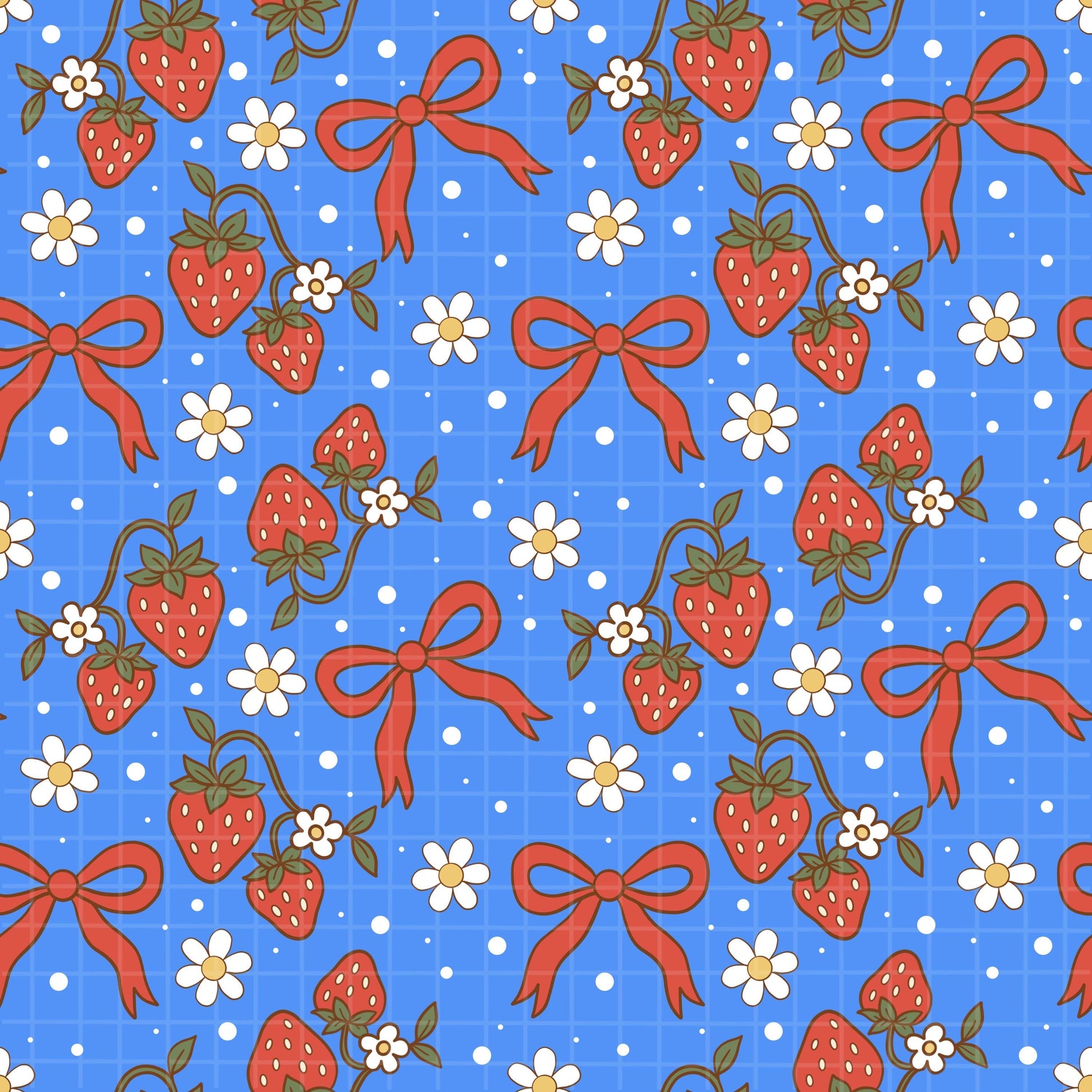 Zoomed-in view of the repeating blue strawberry, bow, and white flower seamless pattern.