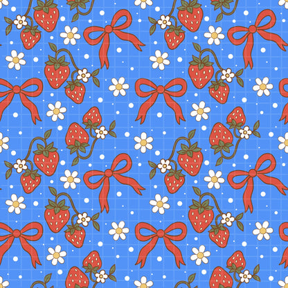 Zoomed-in view of the repeating blue strawberry, bow, and white flower seamless pattern.