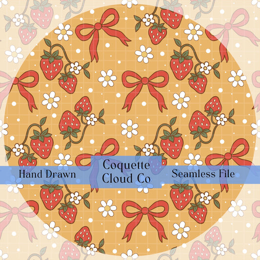 Strawberries and Bows Seamless Pattern, Cute Digital Fabric Design for Spring, Retro Cottagecore Aesthetic
