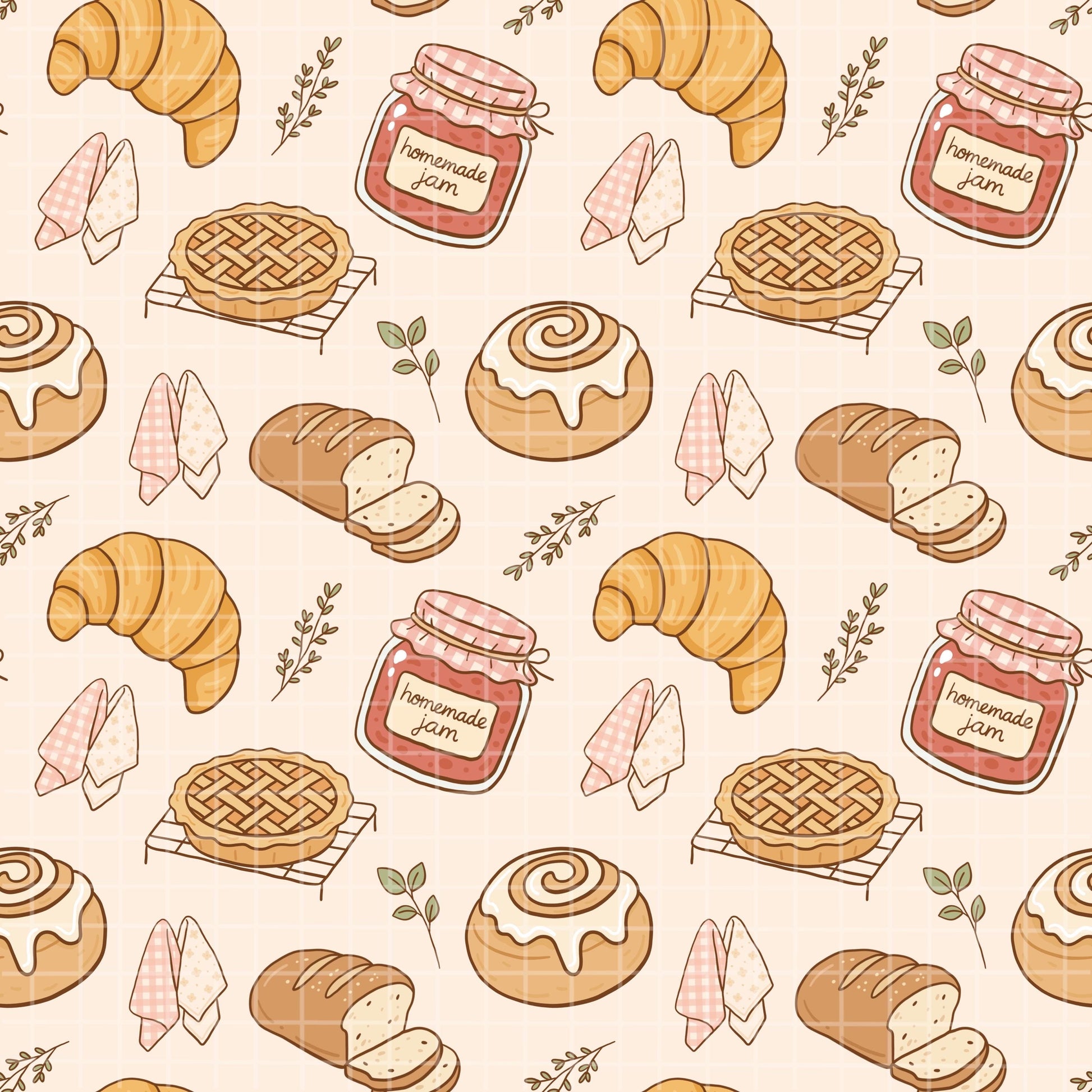 Close-up tile view of bakery seamless pattern with croissants, jam jars, cinnamon rolls and leaves on beige.