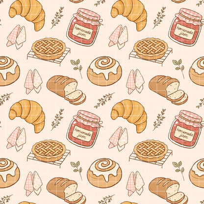 Close-up tile view of bakery seamless pattern with croissants, jam jars, cinnamon rolls and leaves on beige.