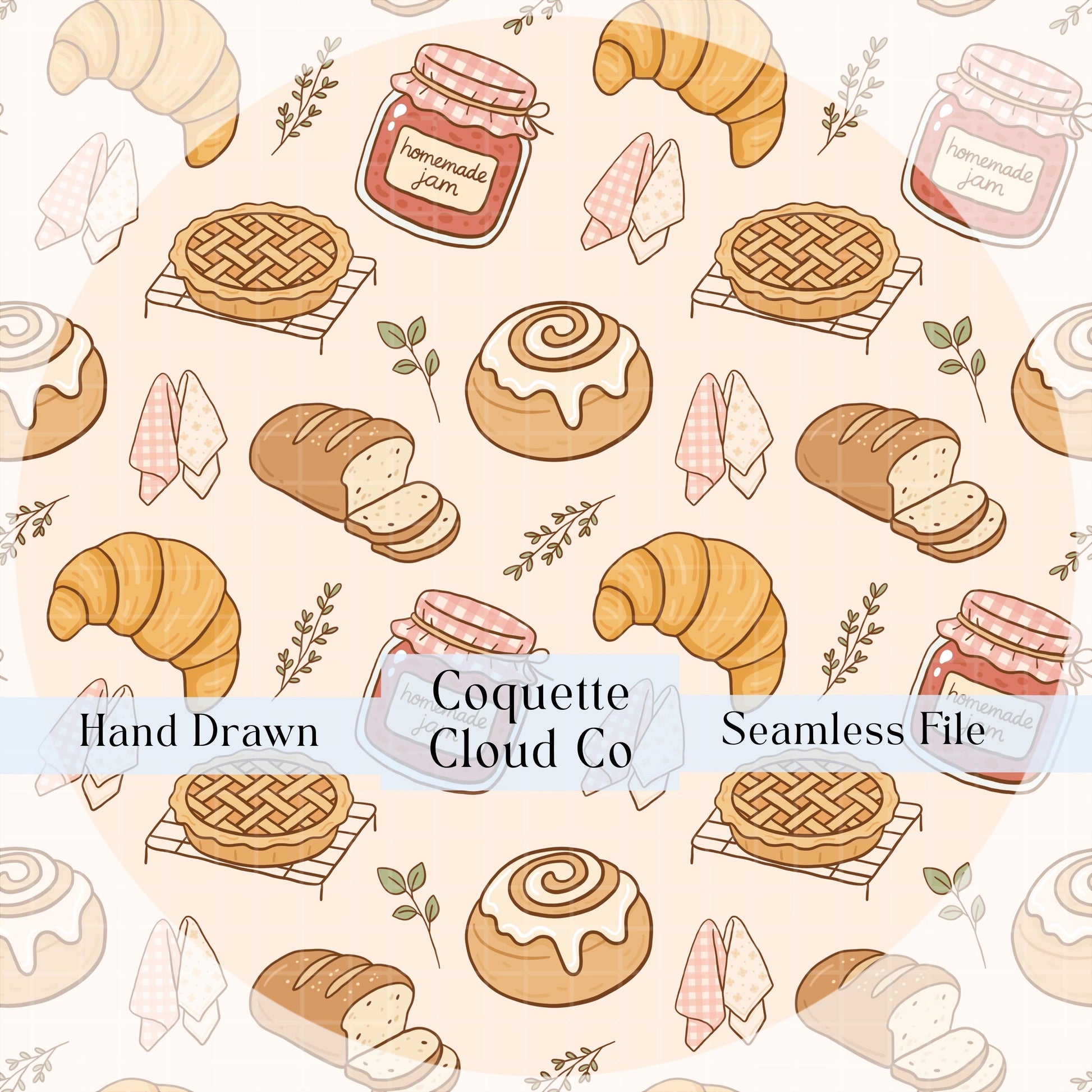 Seamless bakery pattern featuring croissants, jam jars, cinnamon rolls, and pastries on a beige background