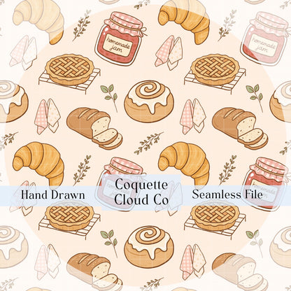 Seamless bakery pattern featuring croissants, jam jars, cinnamon rolls, and pastries on a beige background