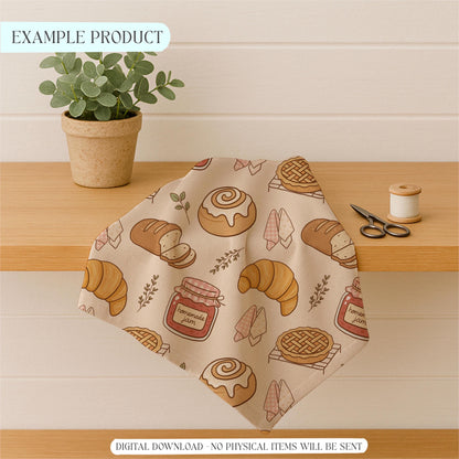 Kitchen tea towel mockup printed with bakery pastries seamless pattern next to scissors and greenery.