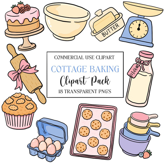 Cottage baking clip art pack featuring hand drawn bowls, rolling pin, butter, eggs, cupcakes, cookies, jam jars, and baking ingredients in soft neutral colors.