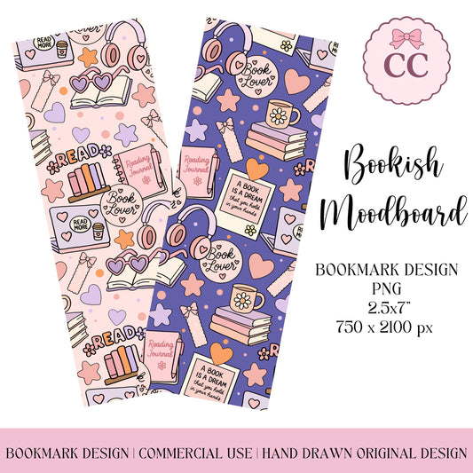 Two illustrated ‘Bookish Moodboard’ bookmarks in pink and purple tones featuring books, tea cups, glasses, stars, and cozy stationery icons. Displayed on a white background with branding and product details.