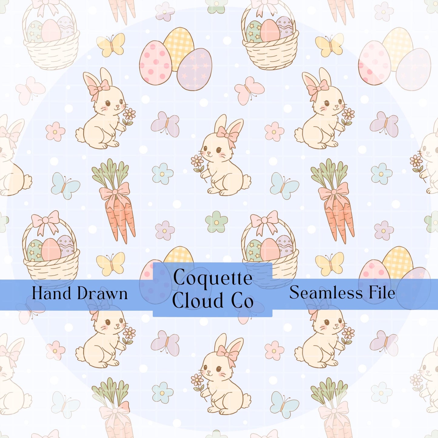 Pastel Easter seamless pattern featuring hand-drawn bunnies, carrots, eggs, and flowers on a white background.