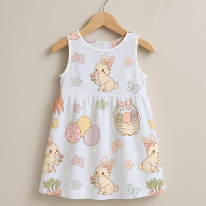Sleeveless kids’ dress displayed on a wooden hanger featuring a pastel Easter pattern with bunnies, eggs, and carrots.”