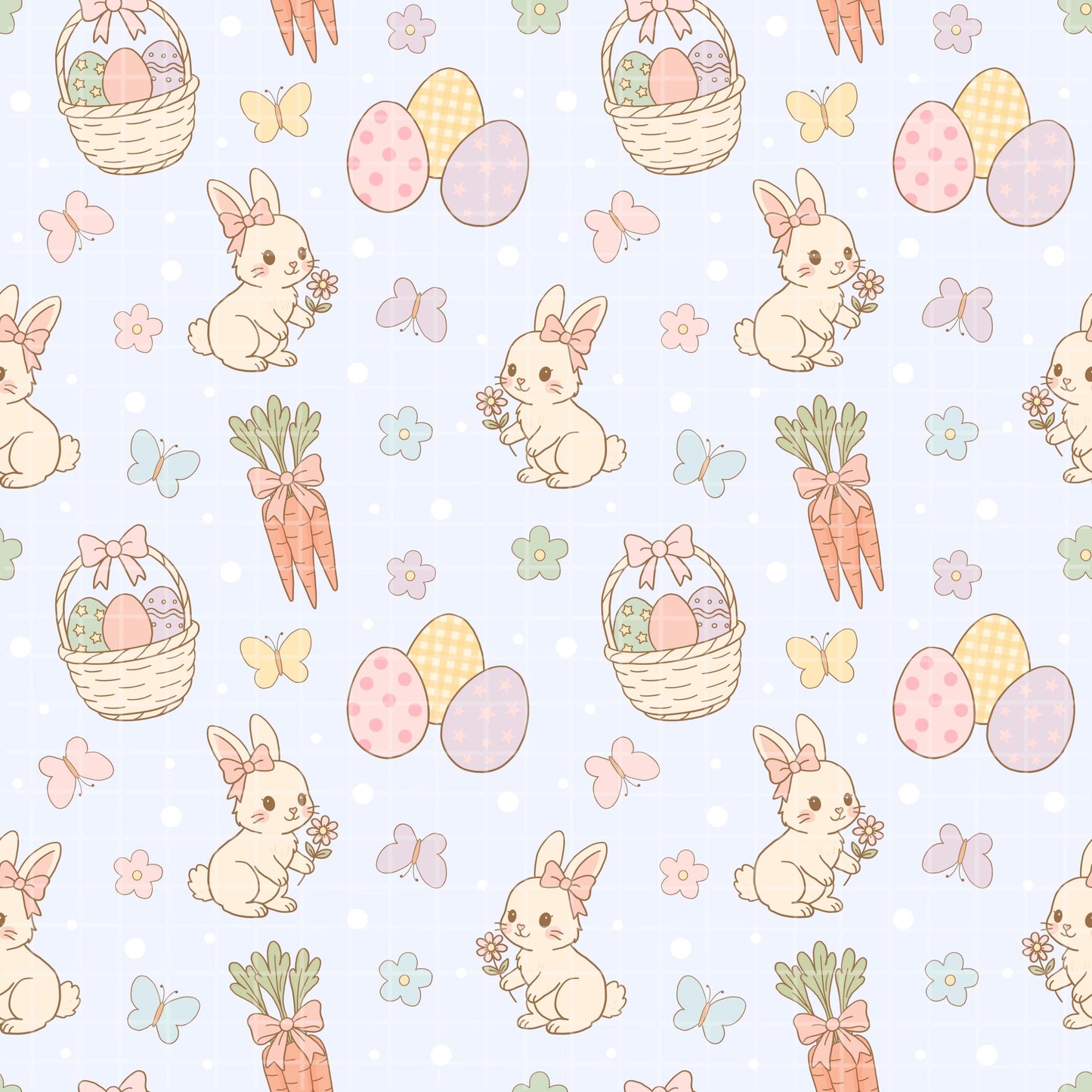 Zoomed-in view of an Easter seamless pattern with cute bunnies, decorated eggs, carrots, and butterflies in soft pastel colors.