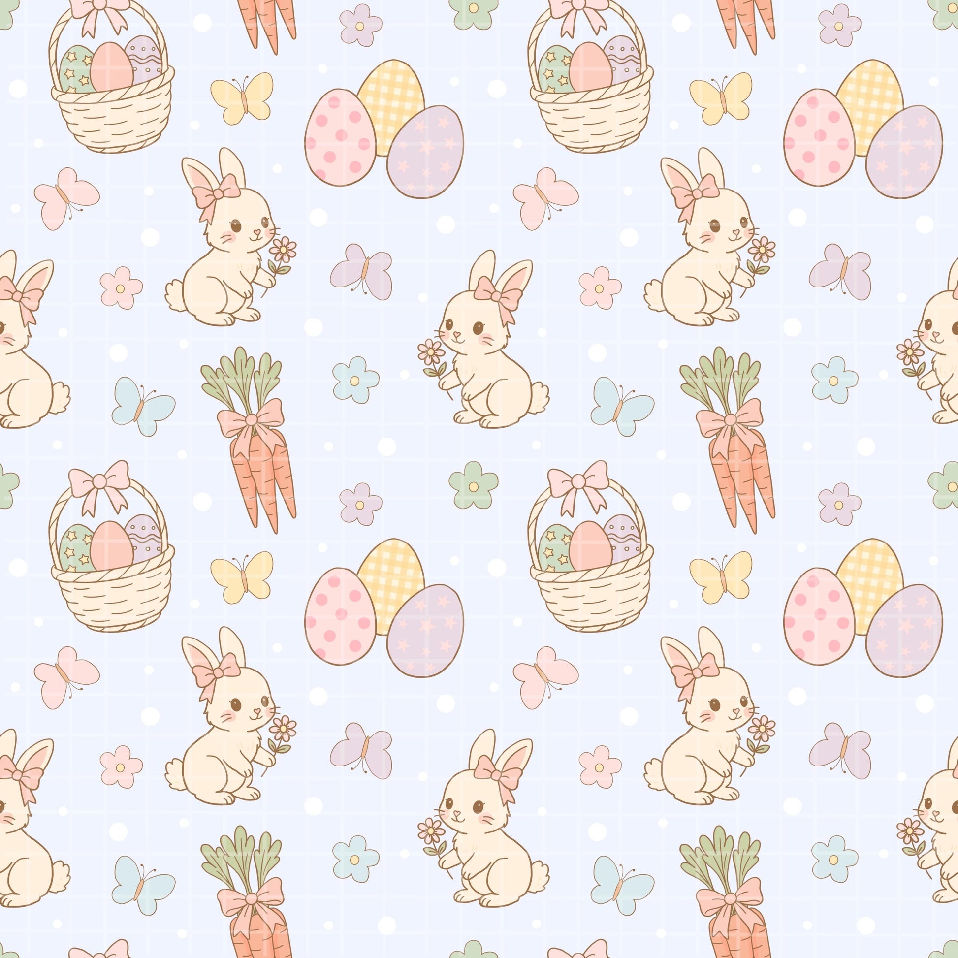 Zoomed-in view of an Easter seamless pattern with cute bunnies, decorated eggs, carrots, and butterflies in soft pastel colors.
