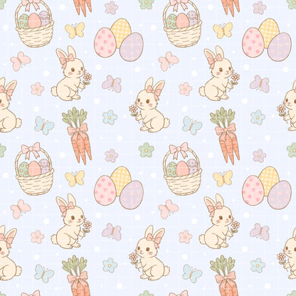 Zoomed-in view of an Easter seamless pattern with cute bunnies, decorated eggs, carrots, and butterflies in soft pastel colors.