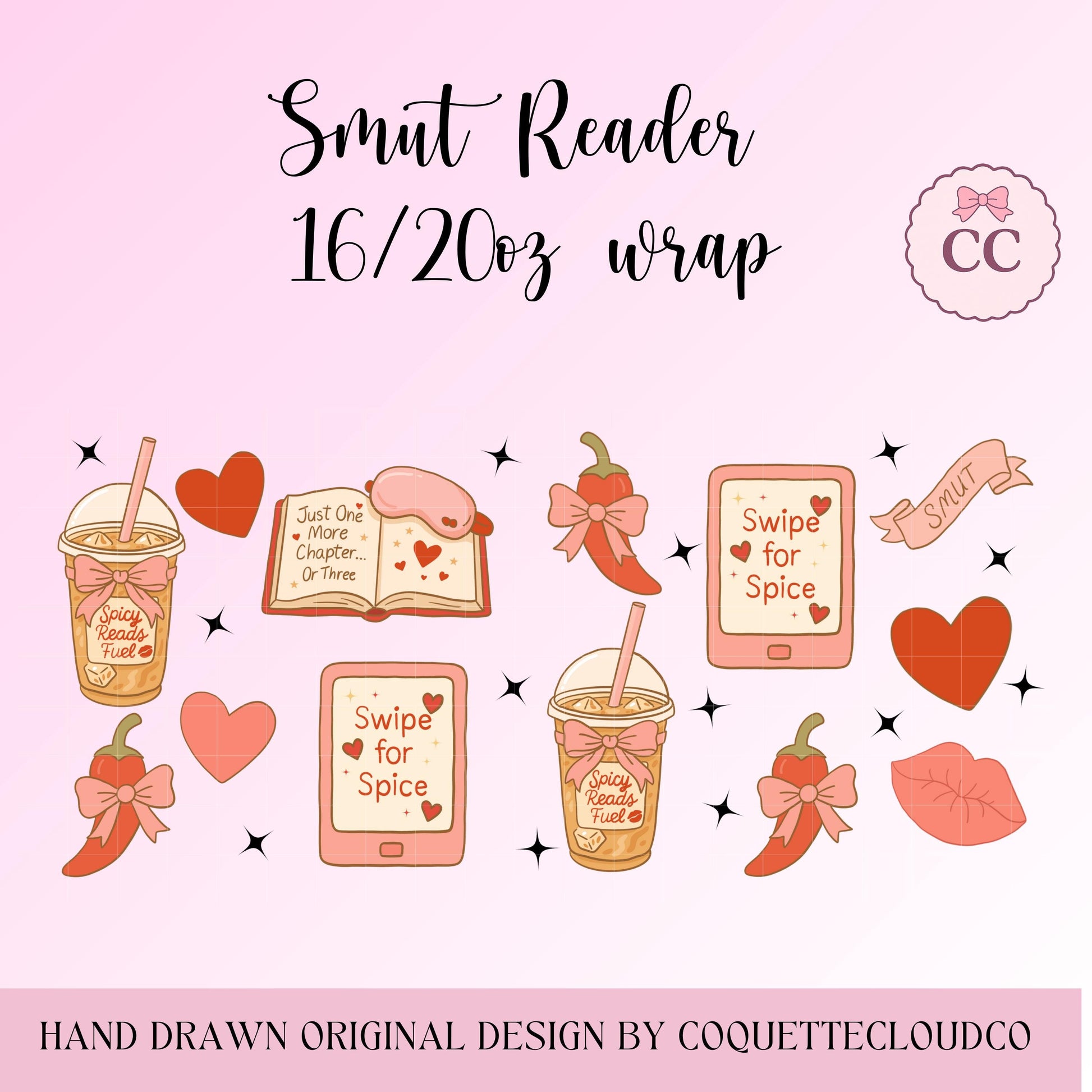 Smut Reader’ 16oz and 20oz glass can wrap layout showing individual hand-drawn bookish elements including hearts, books, iced coffee drawings, and ribbons on a soft pink background.